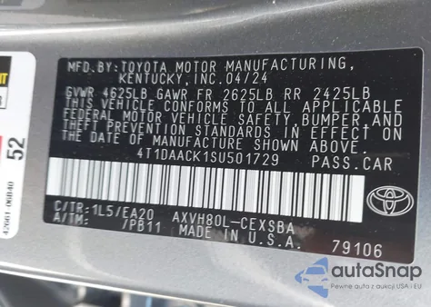 2025 Toyota Camry Se z USA, uszkodzony, nr VIN 4T1DAACK1SU501729
